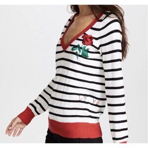 Chaser Womens Cashmere Blend V-Neck Stripe Rose Love Sweater Size M Black White
